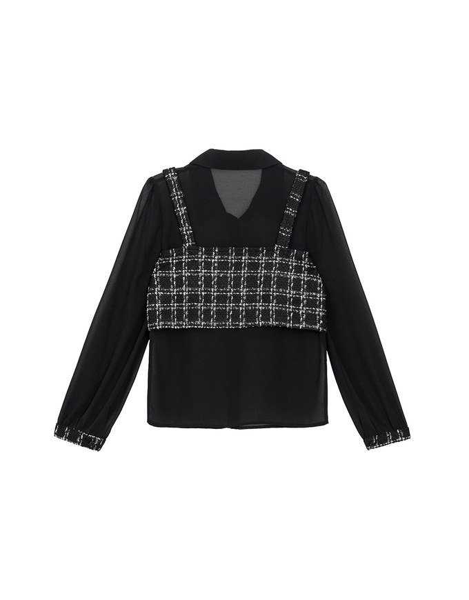 Tweed Style Checkered Panel Layered Button Front Shirt Blouse