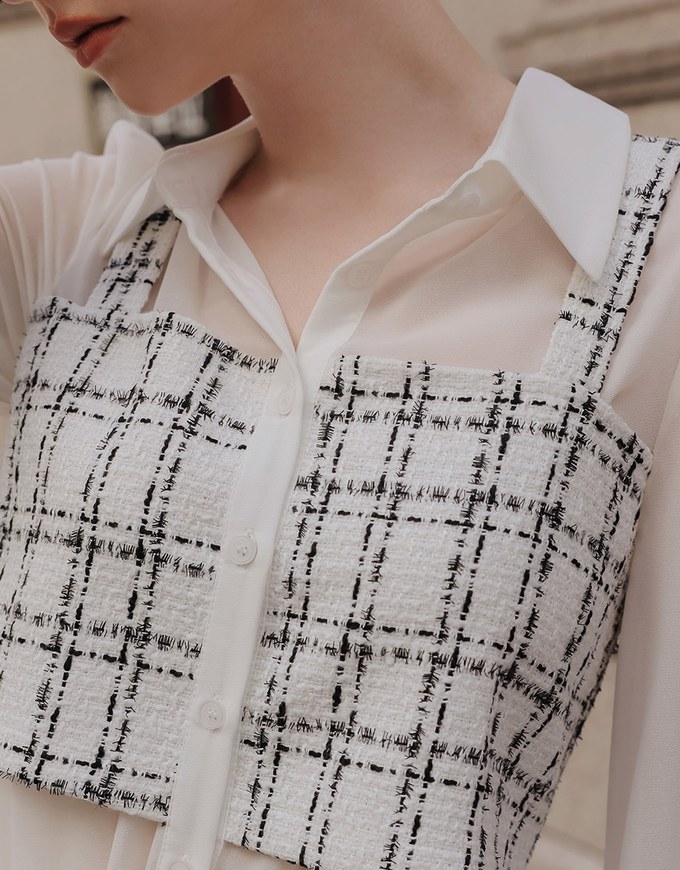 Tweed Style Checkered Panel Layered Button Front Shirt Blouse