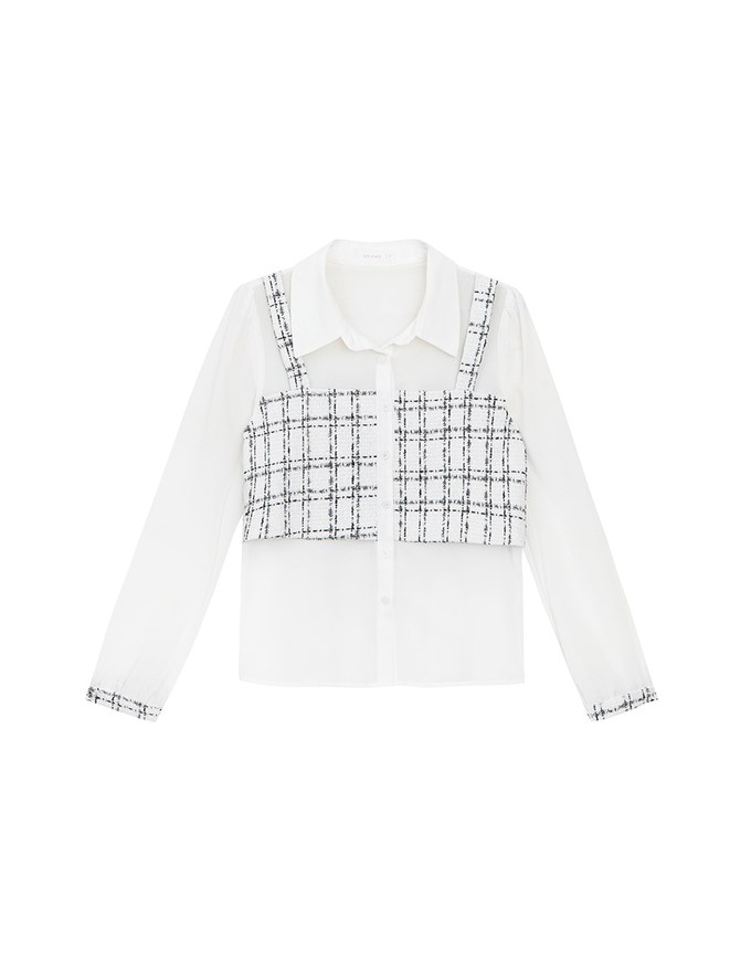 Tweed Style Checkered Panel Layered Button Front Shirt Blouse