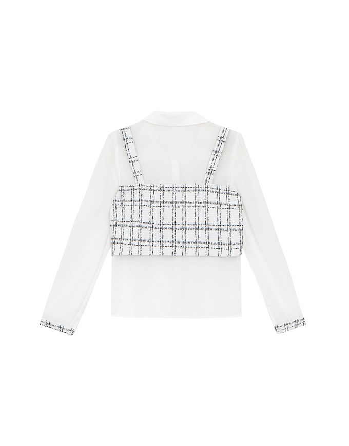 Tweed Style Checkered Panel Layered Button Front Shirt Blouse