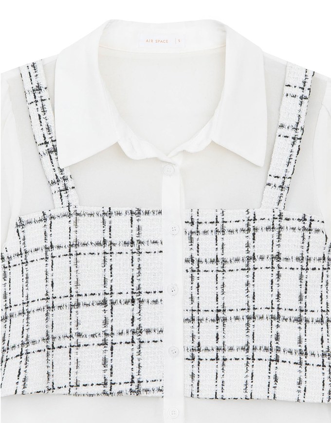 Tweed Style Checkered Panel Layered Button Front Shirt Blouse