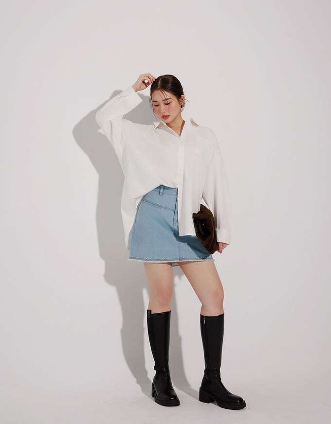 【Stain Resistant】Oversized Pocket Detail Button Down Shirt Blouse