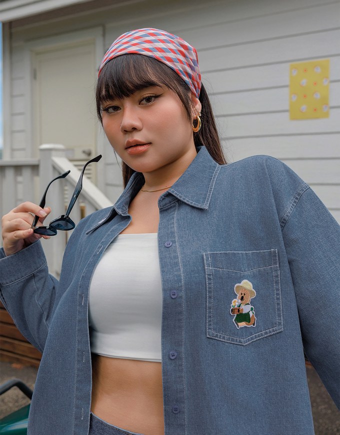 【DINOTAENG】Oversized Denim Shirt with Iron-On Embroidery Patches