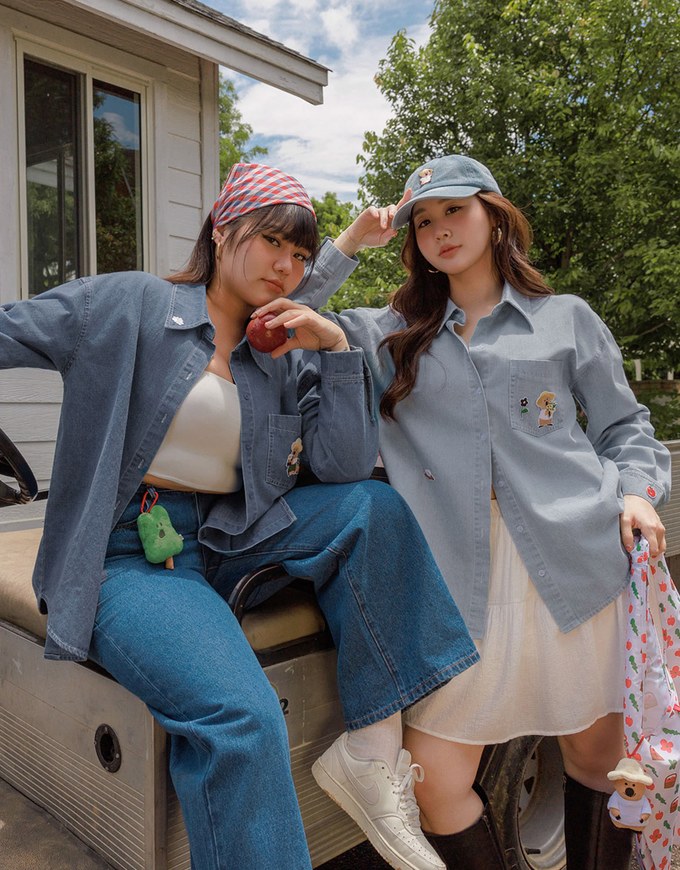 【DINOTAENG】Oversized Denim Shirt with Iron-On Embroidery Patches