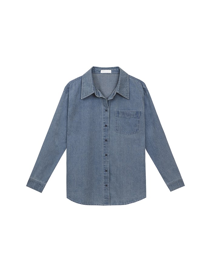 【DINOTAENG】Oversized Denim Shirt with Iron-On Embroidery Patches