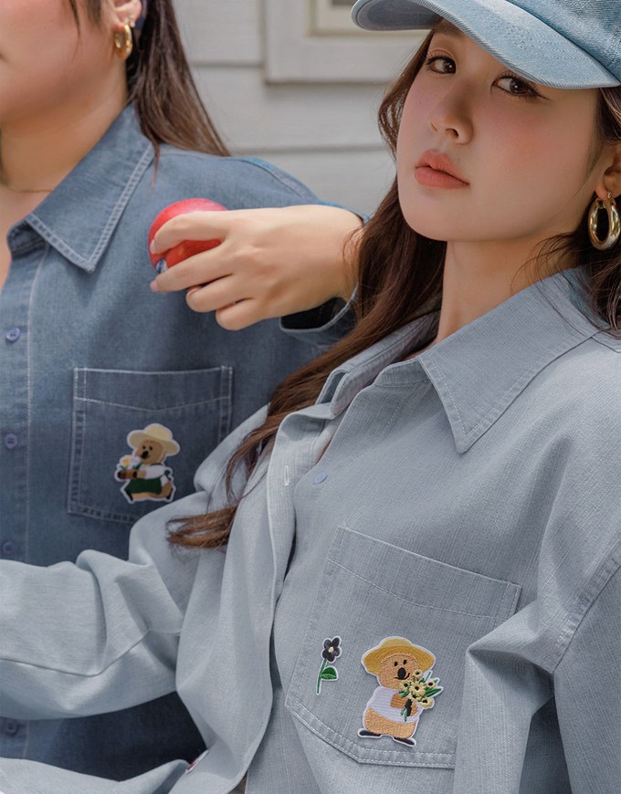 【DINOTAENG】Oversized Denim Shirt with Iron-On Embroidery Patches
