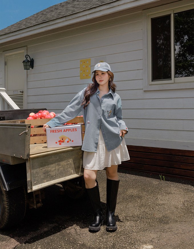 【DINOTAENG】Oversized Denim Shirt with Iron-On Embroidery Patches