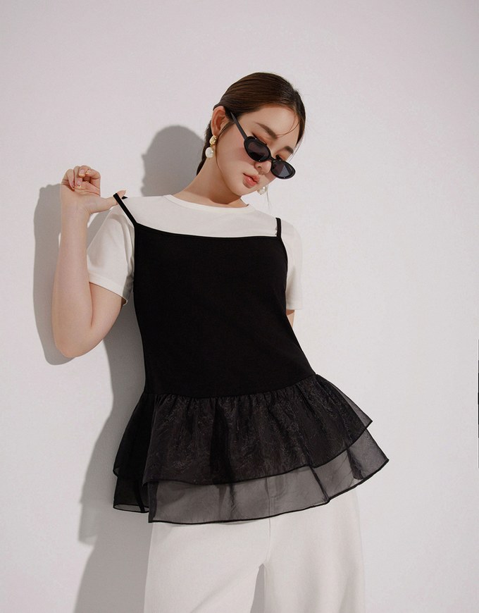 Layered Sheer Ruffle Hem Spaghetti Strap Cami Top