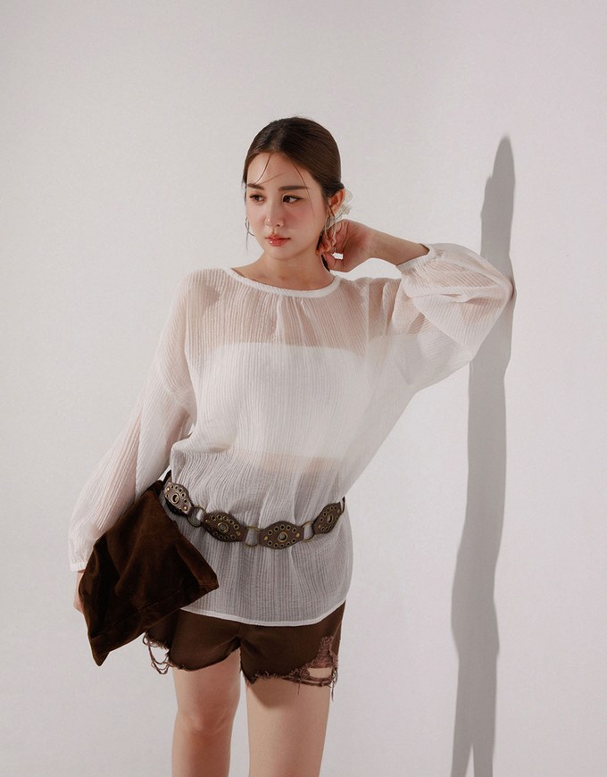 Sheer Lightweight 2 Way Blouse Top with Bow Tie Closure