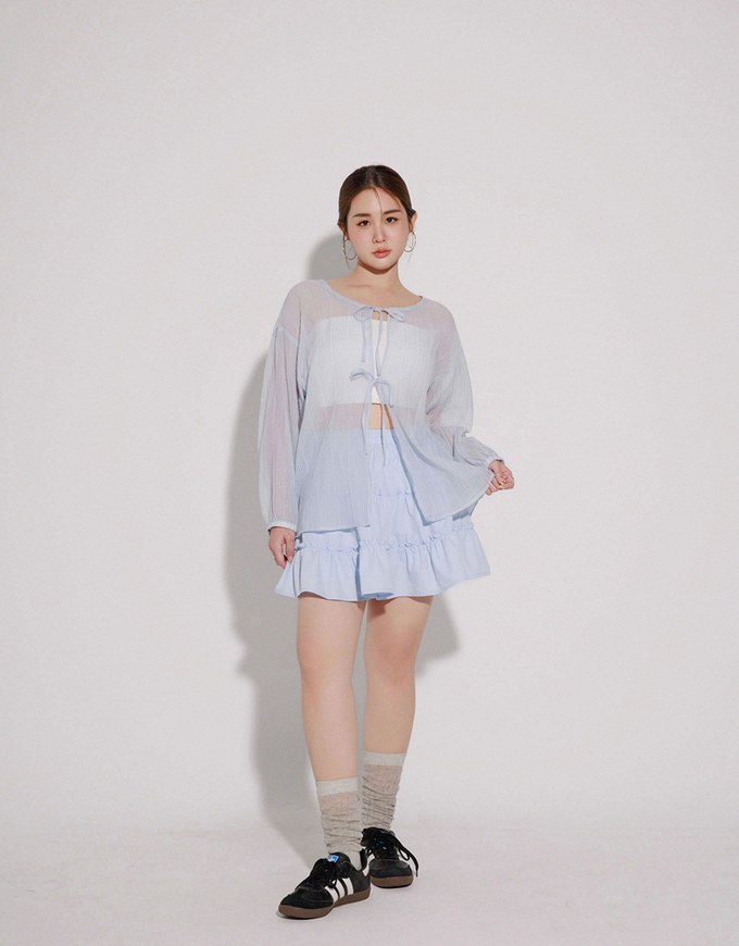 Sheer Lightweight 2 Way Blouse Top with Bow Tie Closure