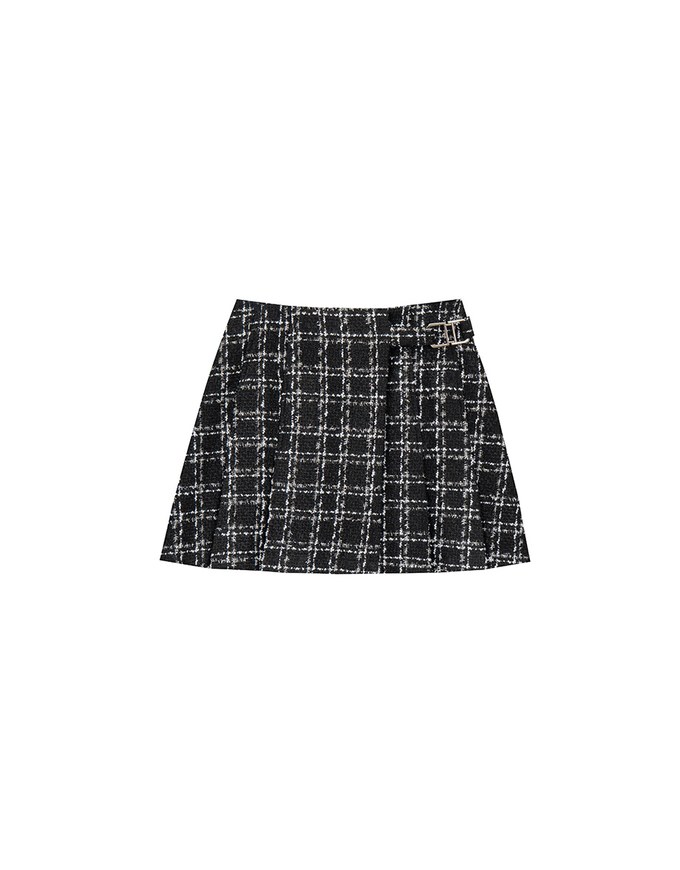 Tweed Style Checkered Mini Skirt with Side Buckle