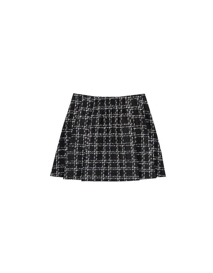 Tweed Style Checkered Mini Skirt with Side Buckle