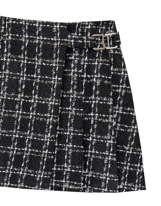 Tweed Style Checkered Mini Skirt with Side Buckle