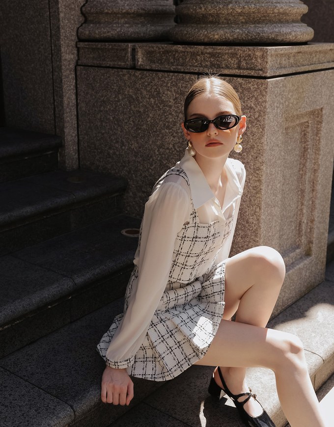Tweed Style Checkered Mini Skirt with Side Buckle