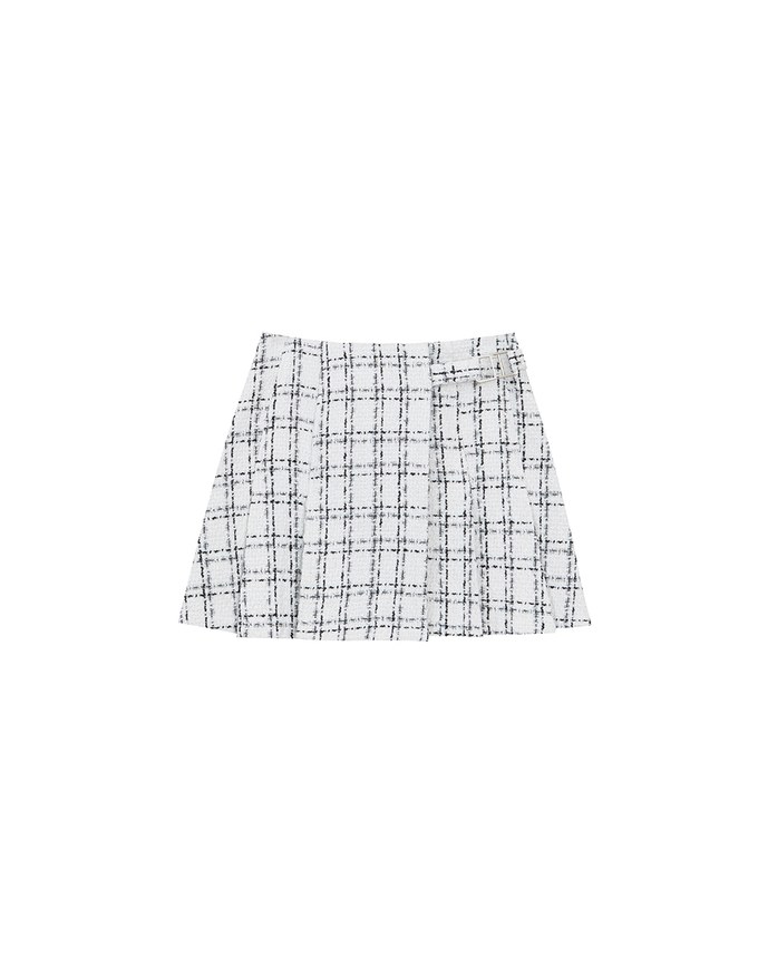 Tweed Style Checkered Mini Skirt with Side Buckle