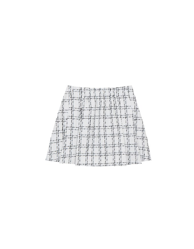 Tweed Style Checkered Mini Skirt with Side Buckle