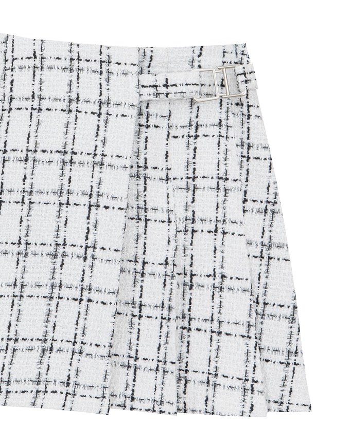 Tweed Style Checkered Mini Skirt with Side Buckle