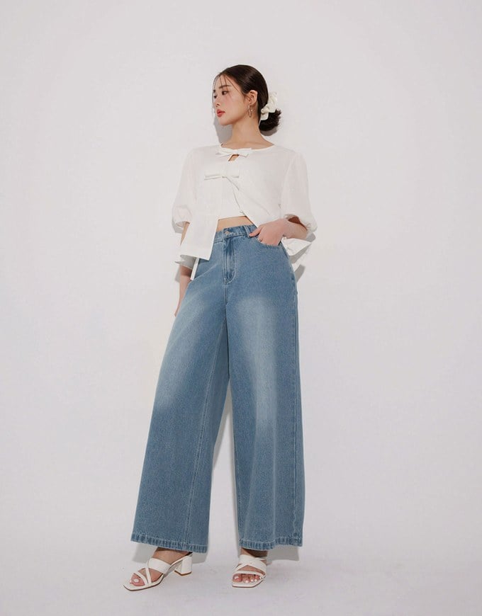 Mid Rise Vintage Washed Wide Leg Jeans Denim Pants