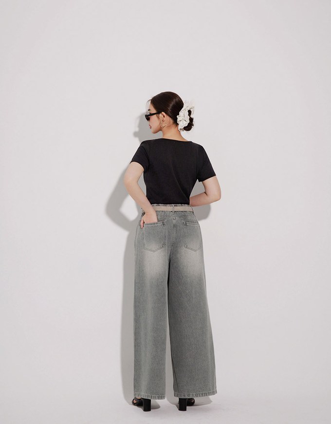 Mid Rise Vintage Washed Wide Leg Jeans Denim Pants