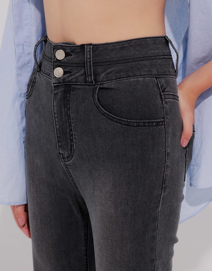 High Waist Double Button Flared Jeans Denim Pants
