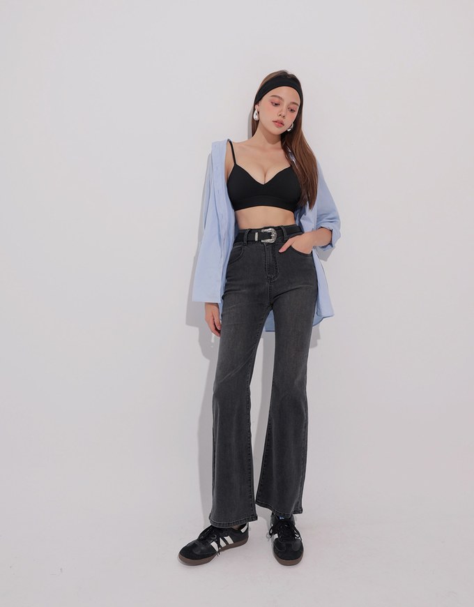 High Waist Double Button Flared Jeans Denim Pants