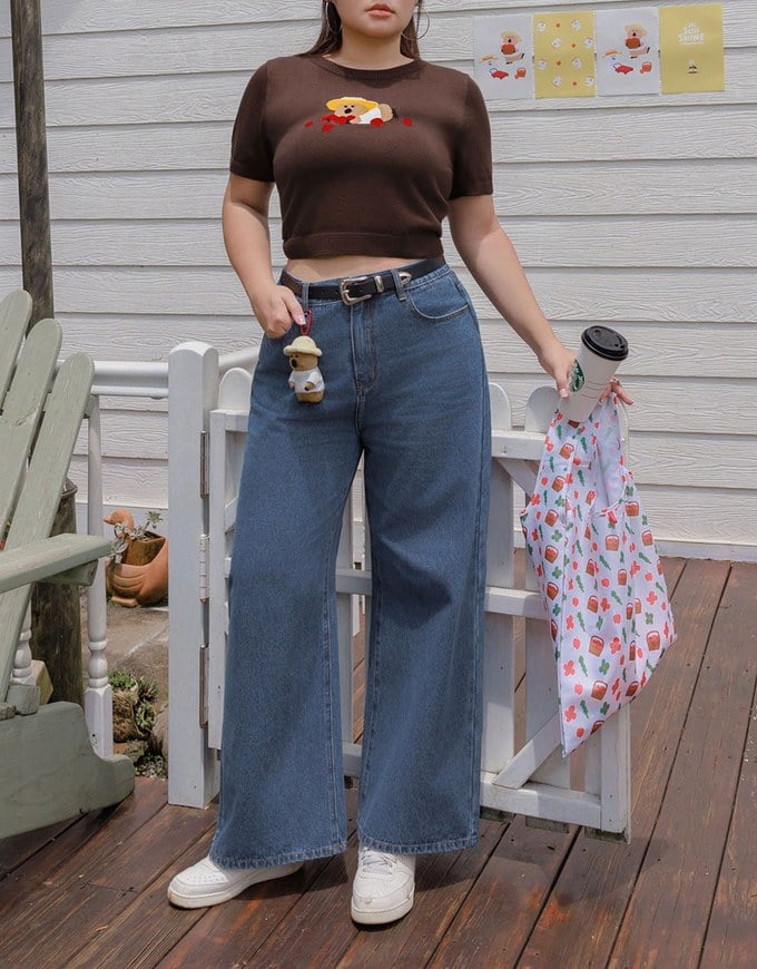 【DINOTAENG】Embroidered Graphic Wide-Leg Denim Jeans