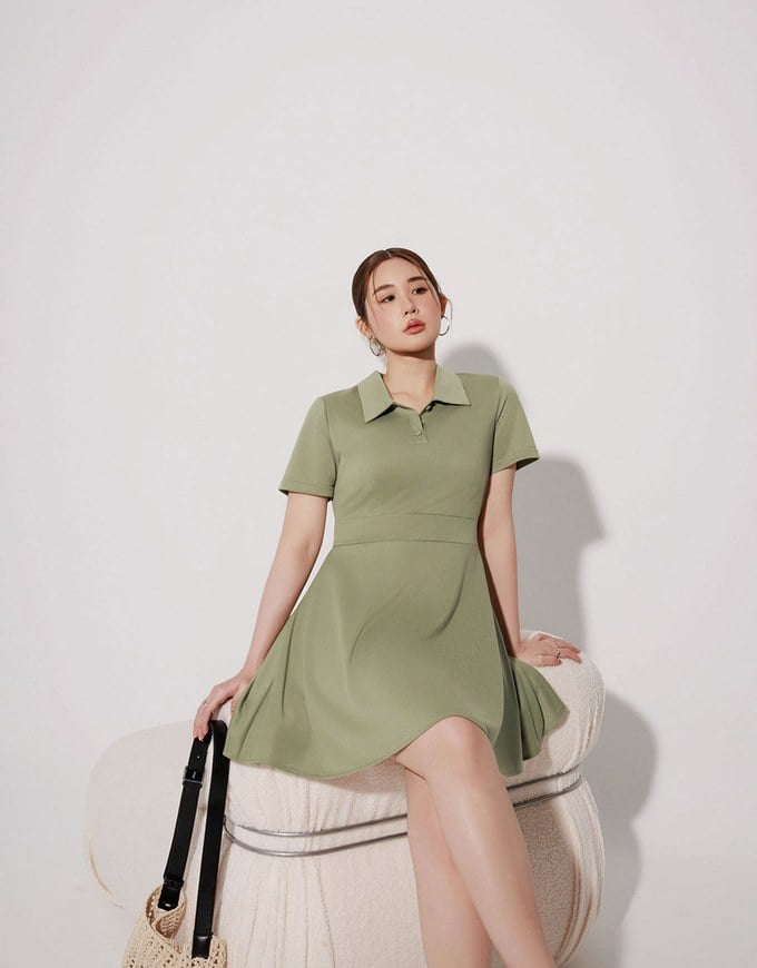 Polo Collar Flared Hem Mini Dress
