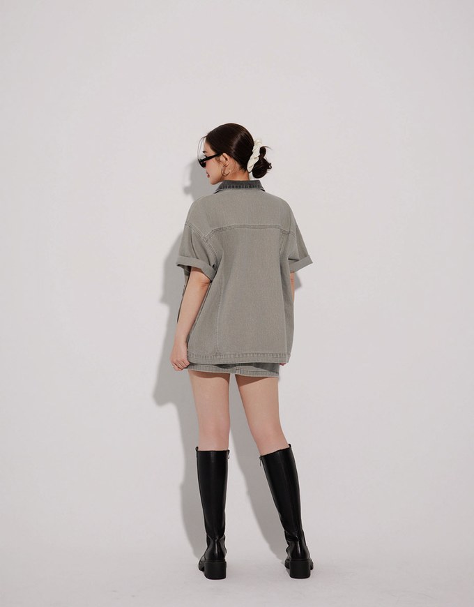 Contrast Collar Short Sleeve Jeans Denim Jacket