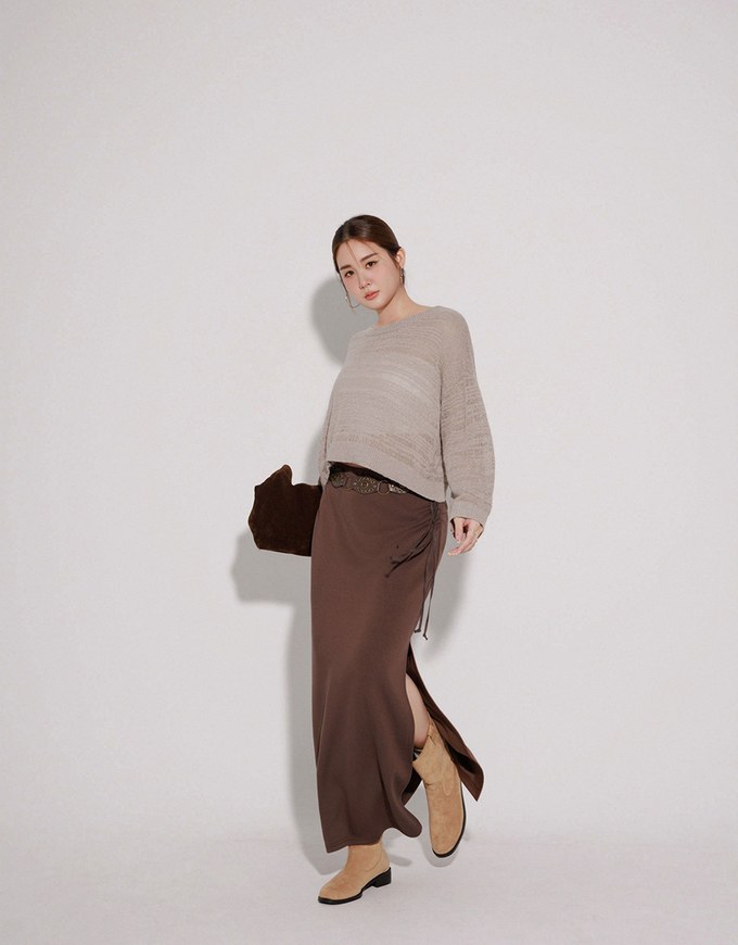 Sheer Striped Knit Relaxed Fit Long Sleeve Sweater