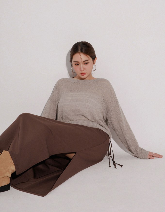 Sheer Striped Knit Relaxed Fit Long Sleeve Sweater