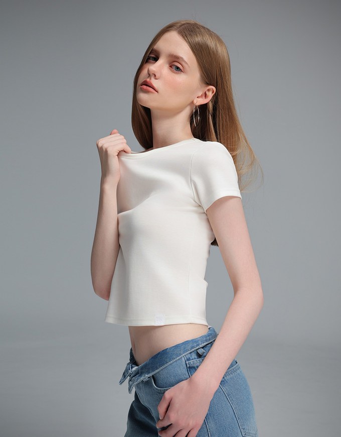 【Stain Resistant】Simple Basic Crew Neck Fitted Crop Tee
