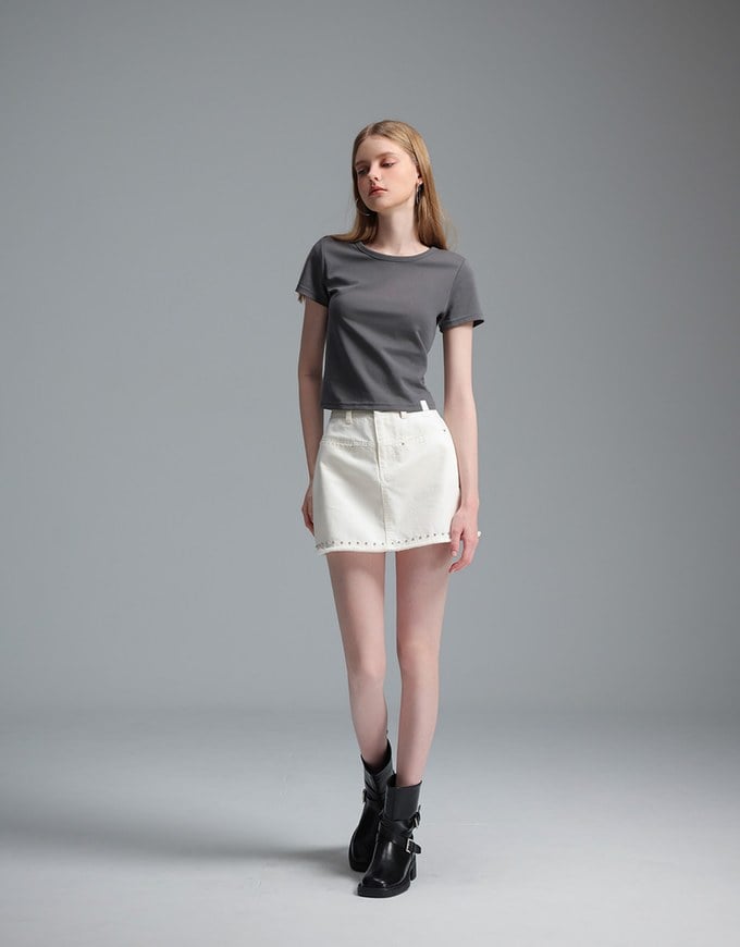 【Stain Resistant】Simple Basic Crew Neck Fitted Crop Tee