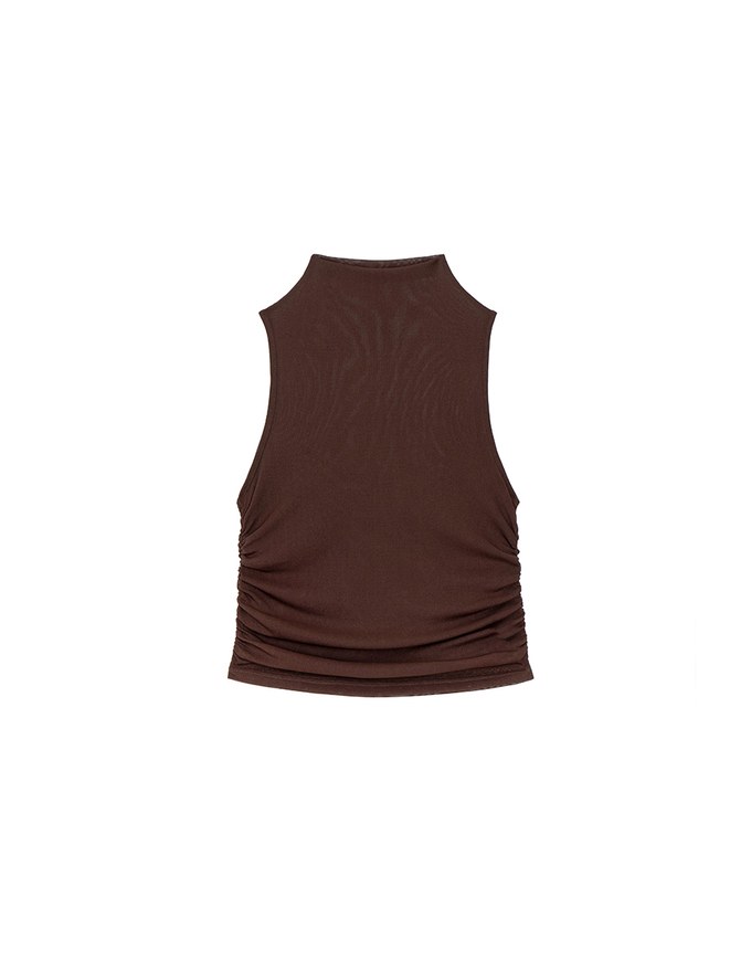 Sheer Mock Neck Sleeveless Tank Top with Side Ruching