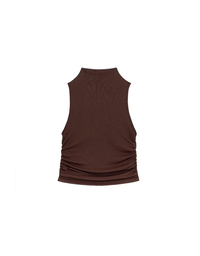 Sheer Mock Neck Sleeveless Tank Top with Side Ruching