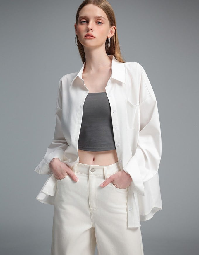 【Stain Resistant】Oversized Pocket Detail Button Down Shirt Blouse
