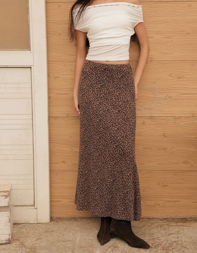 Leopard Print Flared Hem Maxi Skirt