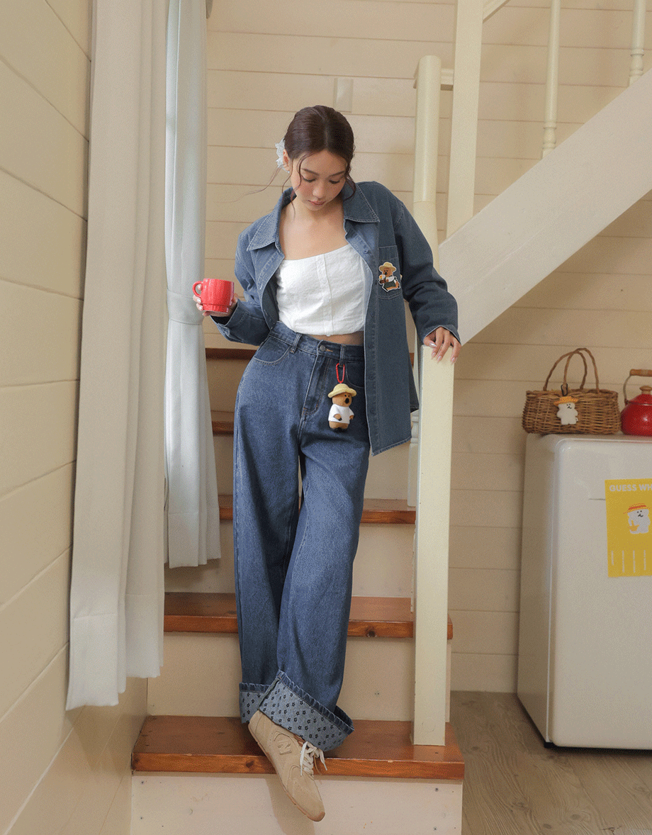 【DINOTAENG】Embroidered Graphic Wide-Leg Denim Jeans