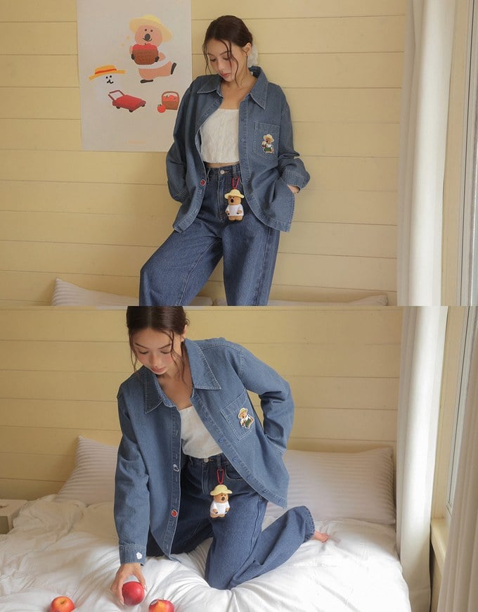 【DINOTAENG】Embroidered Graphic Wide-Leg Denim Jeans