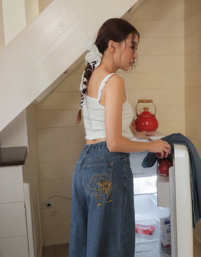 【DINOTAENG】Embroidered Graphic Wide-Leg Denim Jeans