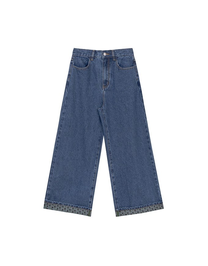 【DINOTAENG】Embroidered Graphic Wide-Leg Denim Jeans