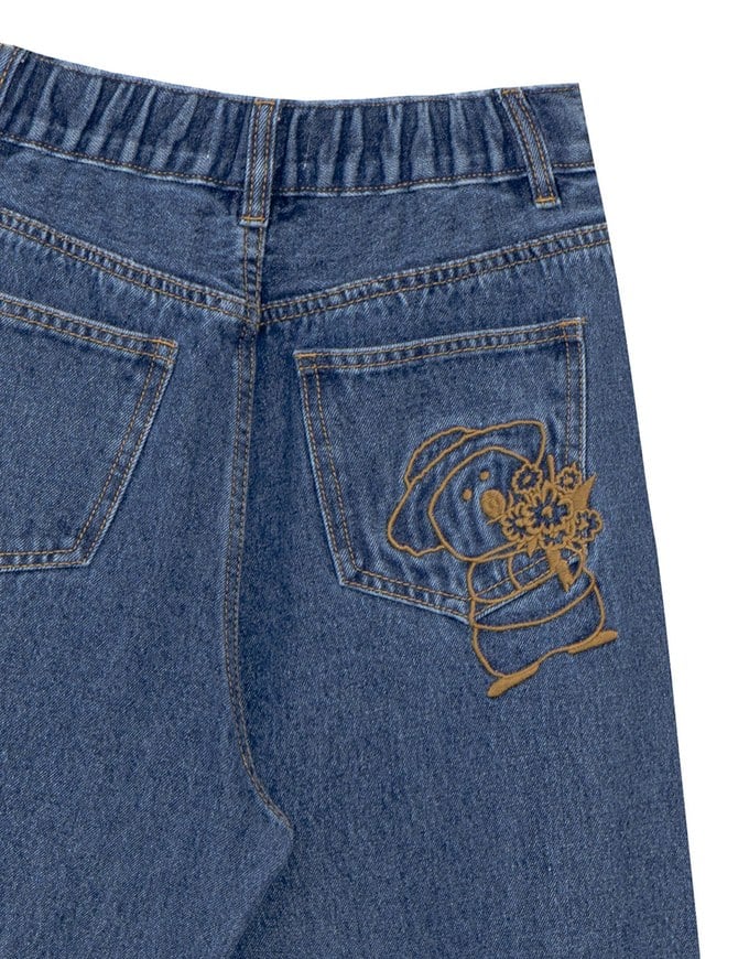 【DINOTAENG】Embroidered Graphic Wide-Leg Denim Jeans