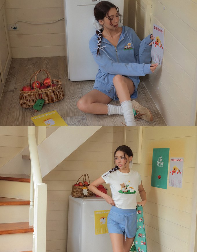 【DINOTAENG】Sweat Shorts With Daisy Graphic & Elastic Waistband