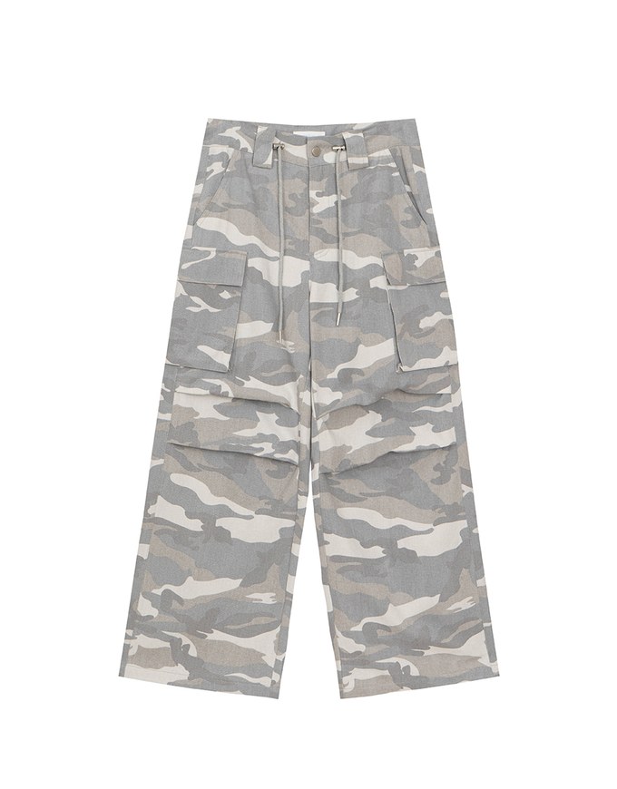 Drawstring Waist Wide Leg Cargo Pants (Camo Print/Leopard Print)