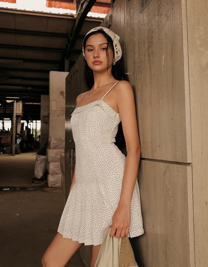 Spaghetti Strap Polka Dot Pleated Cami Mini Dress