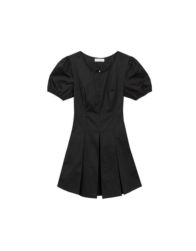 Drawstring Back Cut Out Puff Sleeve Pleated Mini Dress