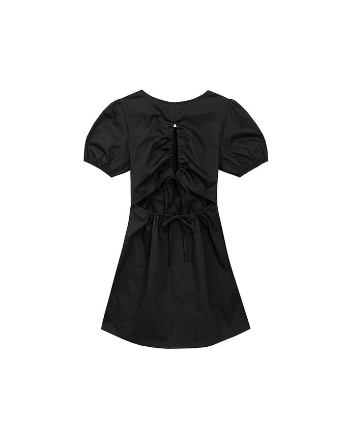 Drawstring Back Cut Out Puff Sleeve Pleated Mini Dress