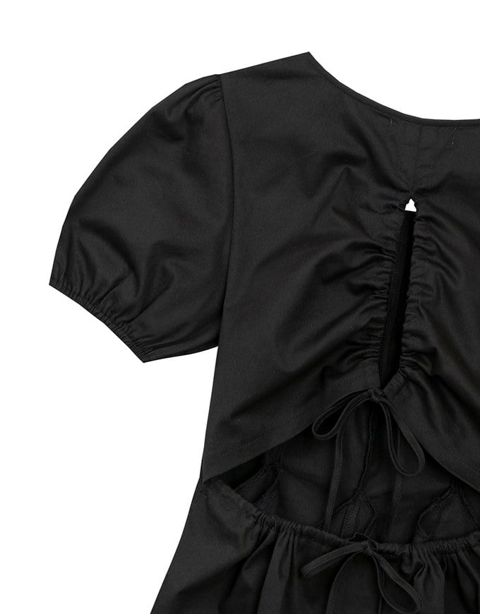 Drawstring Back Cut Out Puff Sleeve Pleated Mini Dress