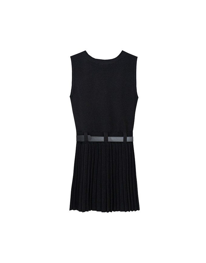 Button Front V Neck Knit Pleated Cami Dress