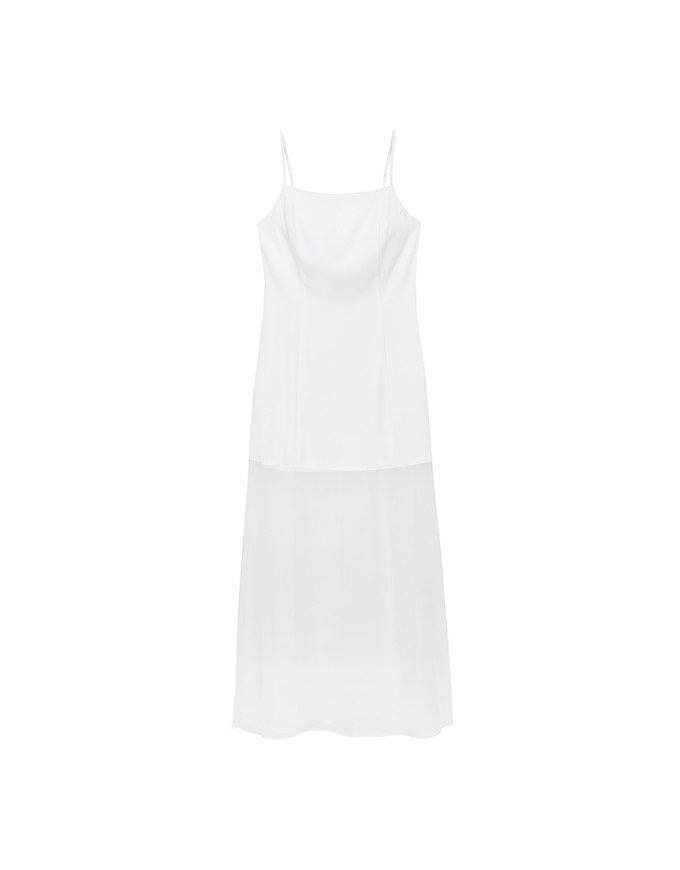 Layered Sheer Panel Spaghetti Strap Padded Maxi Dress