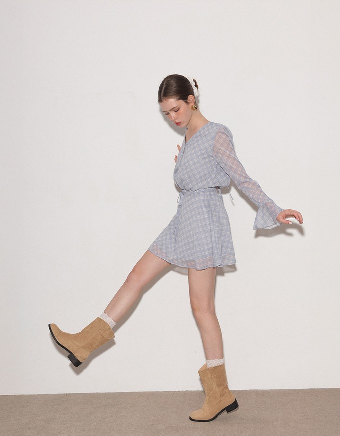 Drawstring Waist V Neck Flare Sleeve Mini Dress with Backless Bow Tie Detail